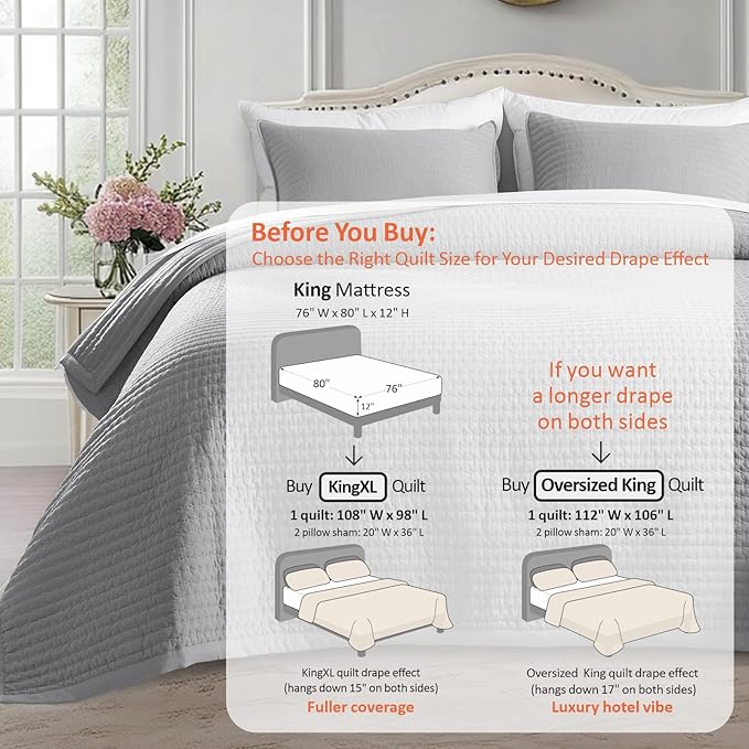 KASENTEX King XL Quilt Set 108"x98" – Soft Washed 3-Layer Lightweight Bedspread, Minimalist Nordic Design, All-Season Spring & Summer Quilt Set (1 Quilt + 2 Pillow Shams), Solid Grey
