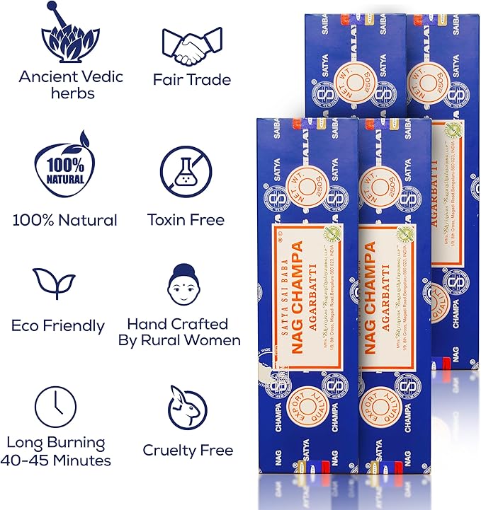 Satya Nag Champa Incense Sticks Bangalore- 250gm x 4 Pack (1000gm) Bundle Natural Hand Rolled Non-Toxic Nagchampa BNG Insense Set with Raajsee Insence Stick Holder for Meditation, Yoga & Joss Sticks