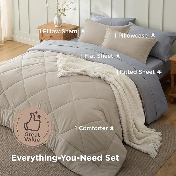 Bedsure Twin Comforter Set - 5 Pieces Reversible Beige Bedding, Twin Size Bed Set for All Seasons, Bed in a Bag with Down Alternative Comforter, Sheets, Pillowcase & Sham