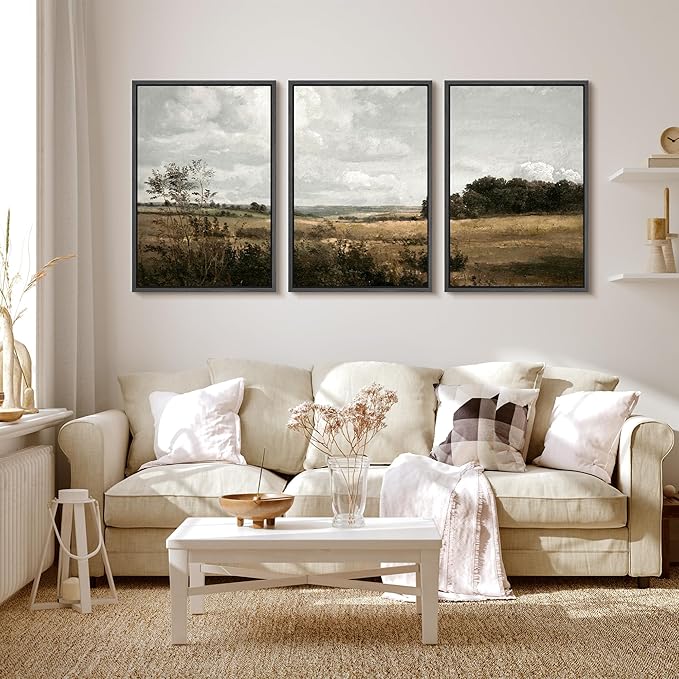 MUDECOR Framed Canvas Print Wall Art Rustic Fields Tranquil Countryside Landscape Nature Wilderness Illustrations Realism Decorative Panoramic Earth for Living Room, Bedroom, Office - 16"x24"x3 Black