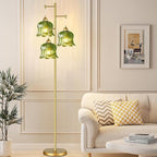Glass Floor Lamp for Living Room,Bedroom,Mid Century Modern Standing Lamp Brass Tree 3 Light Tall Floor Lamps Vintage Retro Floor Lights Gold Green Flower Lamp Shade Farmhouse Boho Bohemian
