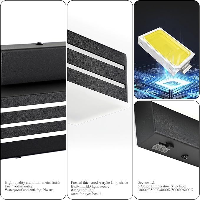 Ralbay Modern Black Bathroom Light Fixtures 5 Color Temperature Dimmable 31.5inch 30W Acrylic LED Black Bathroom Vanity Lighting Fixtures Over Mirror