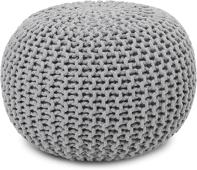 REDEARTH · Round Pouf Ottoman - Hand Knitted Cable Boho Poof Home Décor Pouffe Circular Footrest for Living Room - Nursery - Bedroom - Lounge 100% Cotton (19.5”x19.5”x14”) - Gray, Set of 2