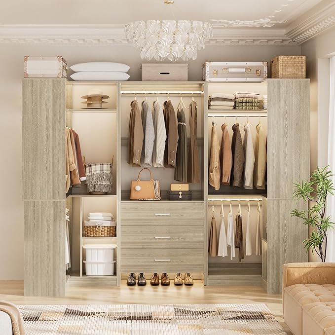Aheaplus Closet System with 3 Drawers, 5 Hanging Rods & Corner Tower, Corner Closet System with Hanging, 88.8" U-Shaped Walk-In Wardrobe Organizer, 2000+ lbs Capacity, Set of 3, White Oak
