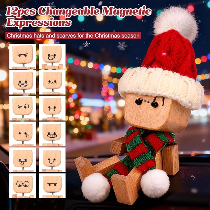 Shaking Wooden Man Figurine,12PCS Magnetic Changeable Faces, Handmade Shaking Feet Wooden Doll for Car Dashboard Decorations,Funny & Creative Christmas Desktop Office Desk Decor (B)