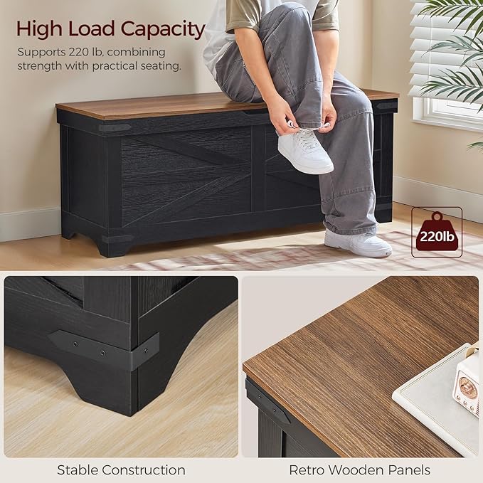 Large Toy Chest, 47.2" Wooden Toy Box with 2 Safety Hinges, Farmhouse Style Storage Bench, Blanket Storage Chest for Living Room, Entryway, Bedroom, Black+Walnut SCHZ18601