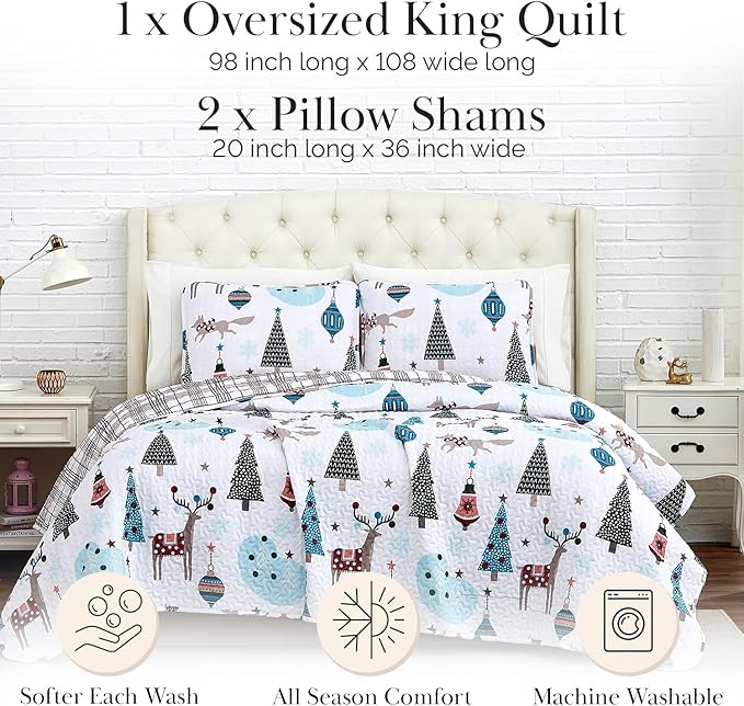 Southshore Fine Living, Inc. King/California King Size Christmas Quilt Set w/2 Pillow Shams, Holiday Bedding Set, 3-Piece Reversible Quilt Set, Cute Trees & Reindeer Over Red Plaid Print