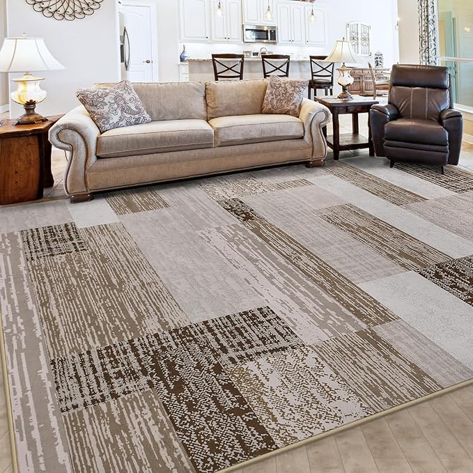 FlyDOIT Modern Geometric Patchwork Area Rug, 8x10 Beige Large Rugs for Living Room, Rockwood Collection Indoor Rugs for Bedroom, Throw Carpet Floor Decor for Entryway Dining Room Office Nursery