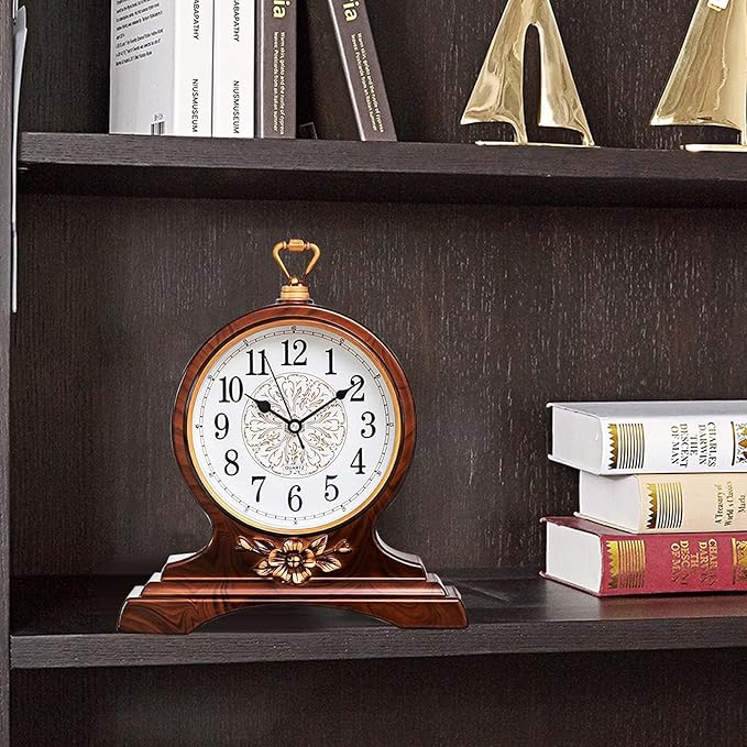 rnuie Desk Clock for Table Decor, Retro Mantel Clock Battery Operated for Fireplace Mantel, Living Room, Bedroom, Office, Desktop Decoration(Second Brown)