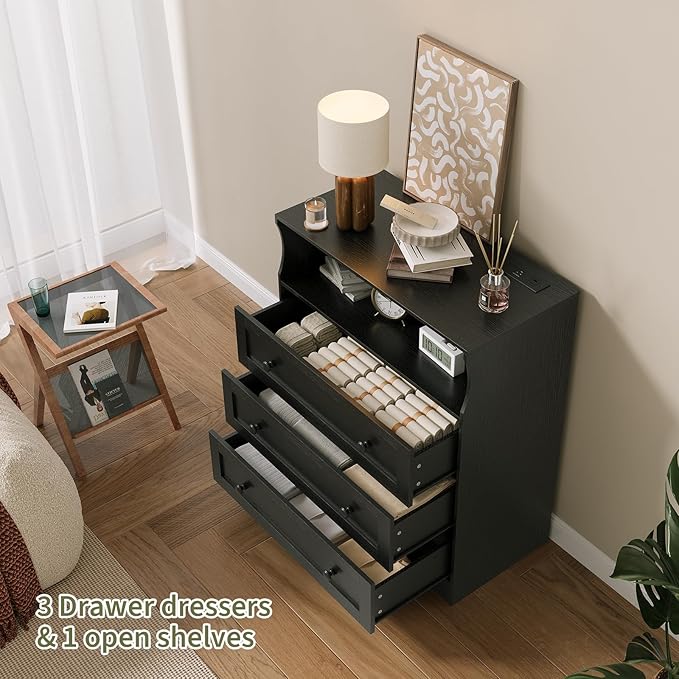 GarveeLife Small Dresser with 3 Drawers, Wood Dresser with Charging Station and LED Lights for Bedroom Closet Bedside, Modern Wooden Chest of Drawers for Living Room, Hallway