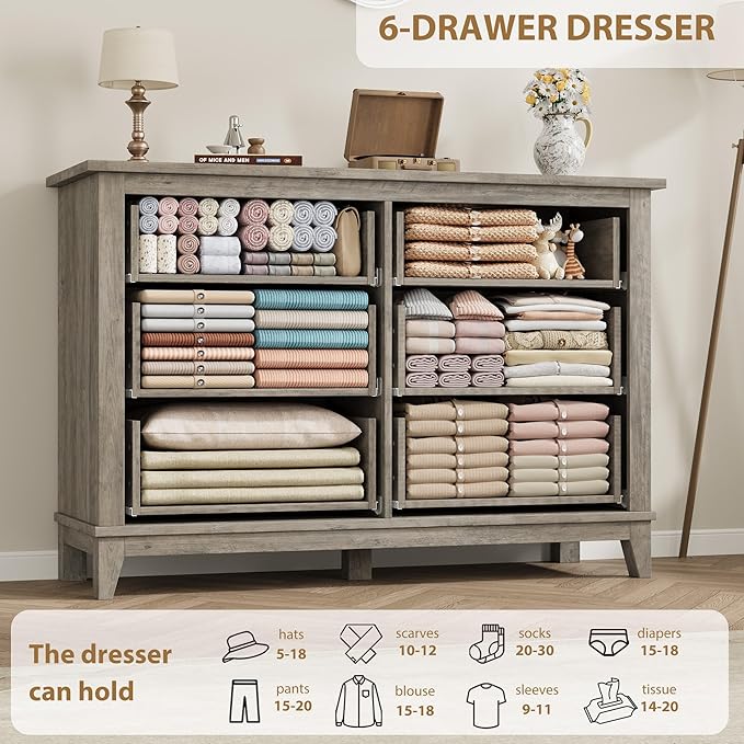 GarveeHome 6 Dresser for Bedroom, 47 in Wide Drawer Dresser with Storage Freestanding, Wooden Closet Storage Chest for Living Room, Bedroom, Entryway, Ash Grey