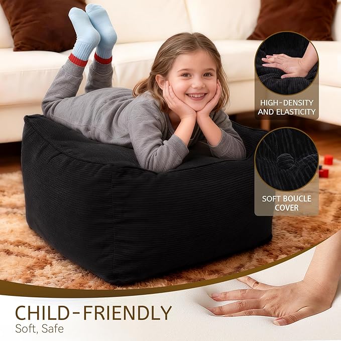 Square Corduroy Pouf Ottoman, Soft Fluffy Foot Stool with Foam Chunk Filling, Floor Pouf & Storage Ottoman for Living Room, 21.7" x 21.7" x 14", Black