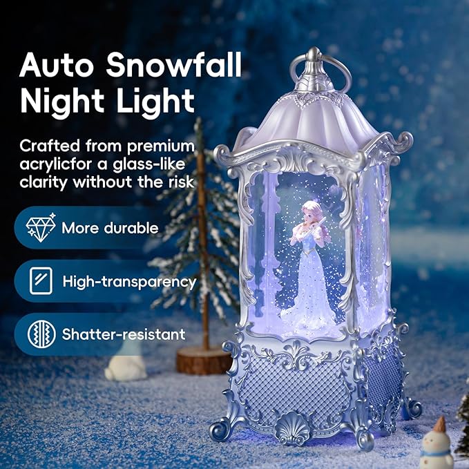 Snow Globe Lantern with Violin Girl – Shatterproof, 8 Songs Musical Box, Automatic Snowfall, Led Light, USB or Battery Powered,for Valentine’s Day Gifts Present Birthday Home Fall Decoration, Silver