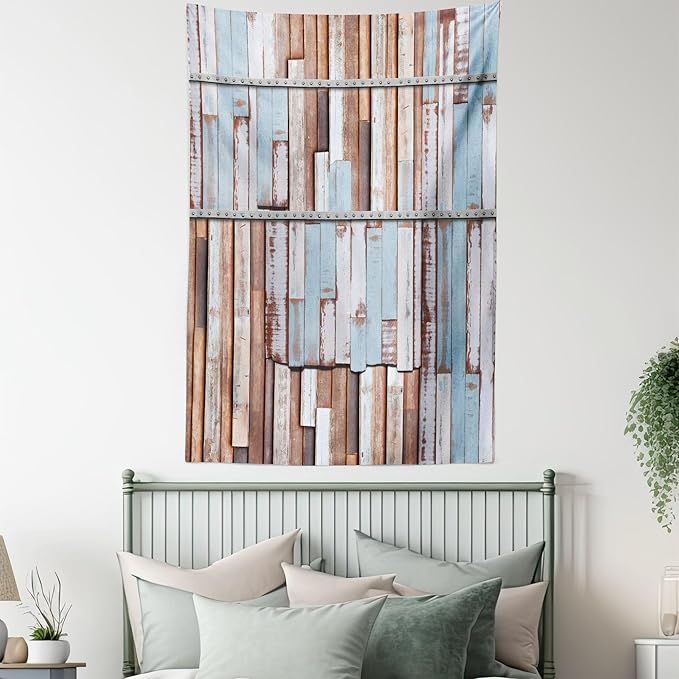 Ambesonne Rustic Tapestry, Nautical Wooden Planks Tree Designs on Rusty Screws Art Print, Wall Hanging for Bedroom Living Room Dorm Decor, 40" X 60", Mauve Teal