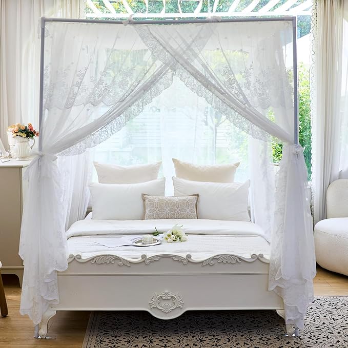 AIKASY Elegant Lace Princess 4-Poster Bed Canopy Mosquito Net - Romantic Wedding Bridal Bedroom Decor, Kids Room Bed Curtain for Women Adults - (White1,Full)