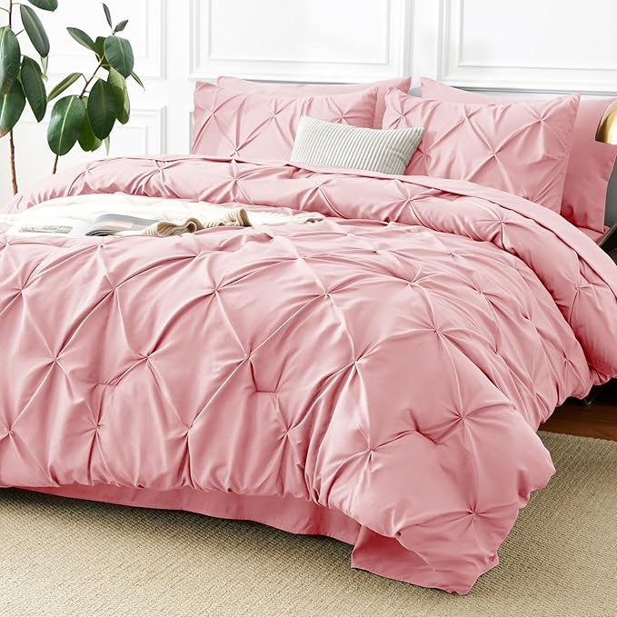 CozyLux Queen Comforter Set Pink, 7 Pieces Pintuck Bed in A Bag, Premium Pink Comforter Queen Size, Pinch Pleat Bedding Sets with Comforter, Sheets, Pillowcases & Shams
