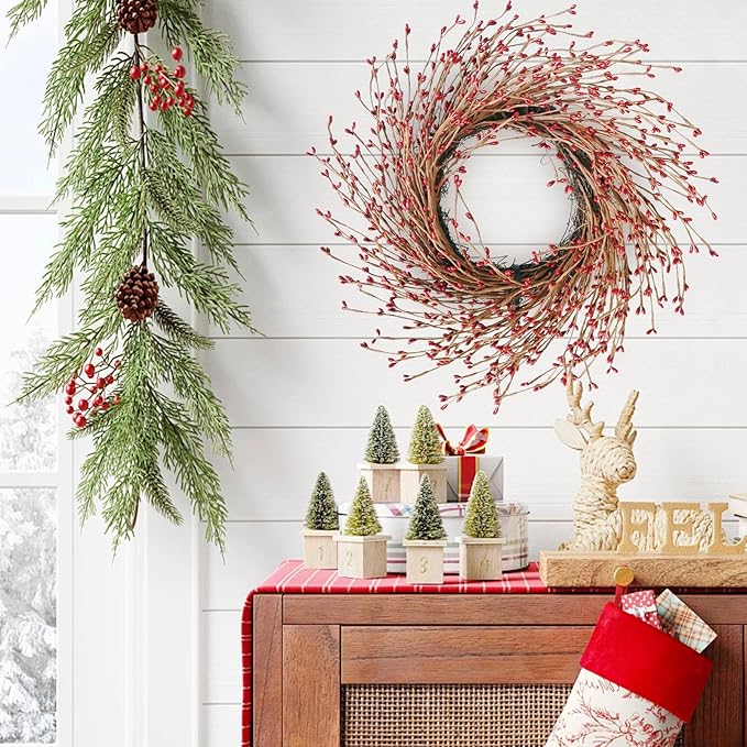 Spring Front Door Wreath - 18 Inch Artificial Twig Wreath with Red & Burgundy Berries, Eucalyptus Leaves, Grapevine for Farmhouse Window Hanging Christmas Decor