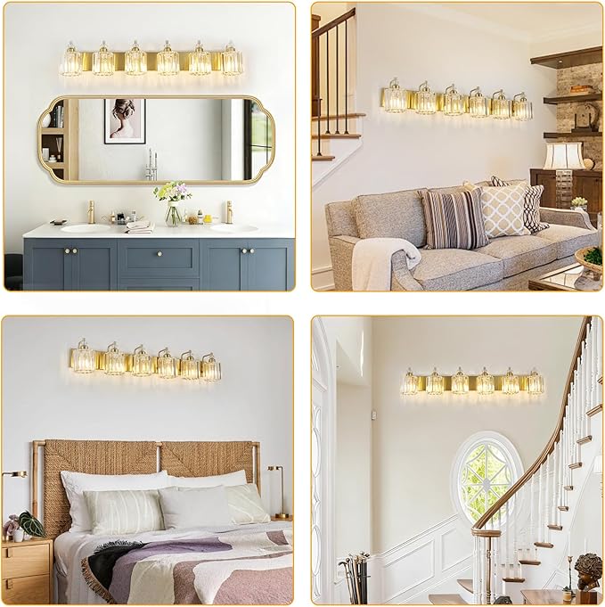 6-Light Modern Vanity Lights Brushed Brass Bathroom Light Fixtures Over Mirror Gold Bathroom Vanity Lighting with Crystal Shade E26 Base Wall Sconce for Bedroom Living Room Restroom Wall Lamp