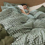 MooMee Gingham Duvet Cover Set 100% Washed Cotton Linen Like Textured Breathable Durable Soft Comfy Modern Checkered Design (Forest Green Gingham, King 104"x90")