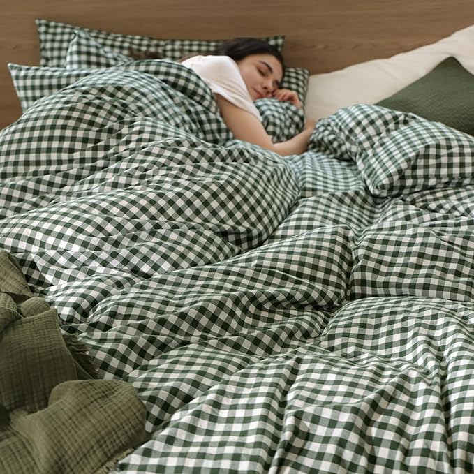 MooMee Gingham Duvet Cover Set 100% Washed Cotton Linen Like Textured Breathable Durable Soft Comfy Modern Checkered Design (Forest Green Gingham, King 104"x90")