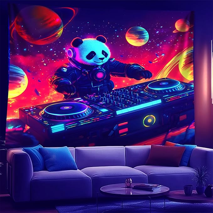 NYZE Panda Space Tapestry for Bedroom, Music Wall Tapestry, Party Decor Glow in the Dark Room Decor Tapestries, Cool Galaxy Planet Wall Hanging, Wall Hanging for Room Dorm 79in×59in