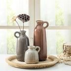 Ceramic Vases Set of 3, Neutral Rustic Farmhouse Vase with Handle, Decorative Flower Vases Home Decor Modern Boho Pampass Vase for Table Mantel Entryway Shelf Living Room Kitchen Bathroom - Brown