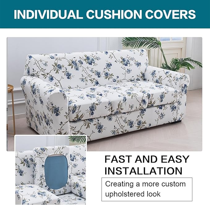 KRFOONN 4 Piece Printed Sofa Couch Cover for 3 Cushion Couches Stretch Sofa Slipcovers with 3 Separate Seat Cushion Covers Washable Furniture Protector with Elastic Bottom (Sofa, 51)