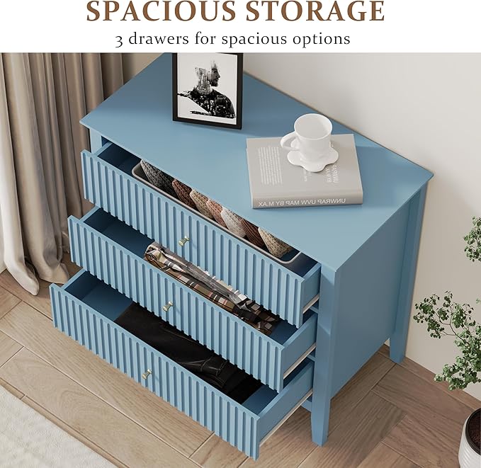 Large Muted Blue 3 Drawer Dresser, Painted 30 Inch Tall Wood Nightstand with Storage, Wide Modern Chest of Drawers with Ball Bearing Slide for Bedroom Hallway Living Room Entryway Office