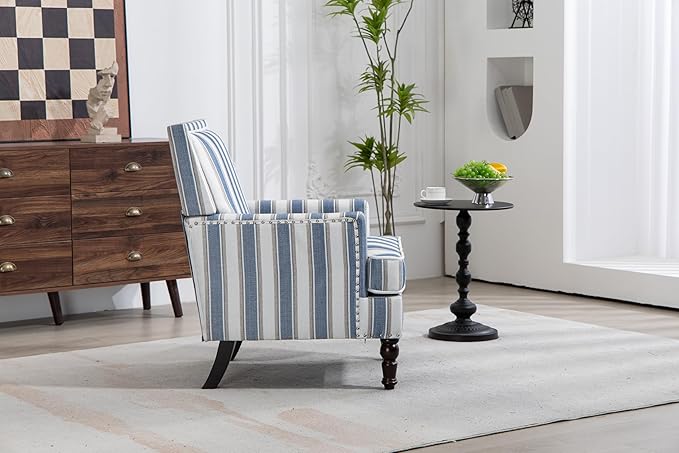 KEIKI Vintage Striped Accent Chair with Nailhead Trim, Upholstered Lounge Armchair for Living Room, High Back Reading Chair Bedroom