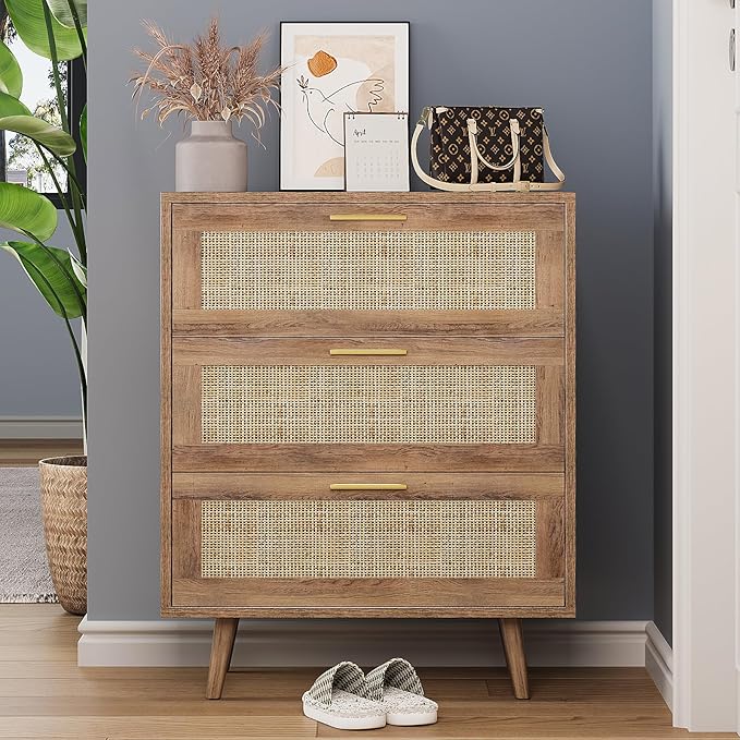 3 Drawer Dresser for Bedroom Rattan Dresser Chest of Drawers with Spacious Storage Boho Clothes Storage Nightstand for Living Room
