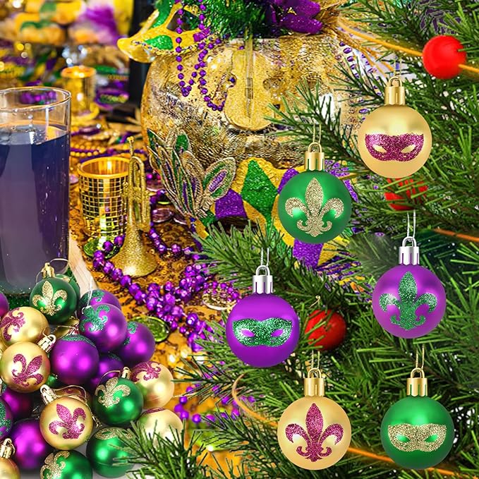JULMELON 24Pcs Mardi Gras Hanging Ball Ornaments Mardi Gras Glitter Hanging Ball Decorations Sequin Purple Green Gold Tree Ornament for Mardi Gras Home New Orleans Masquerade Party Decor