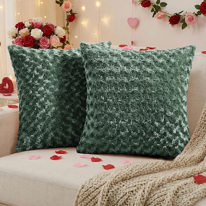 FUTEI Dark Green Decorative Throw Pillow Covers 26x26 Inch Set of 2,Soft Solid Rose Swirl Textured Euro Pillow Shams,Valentine's Day Decor for Couch Living Room