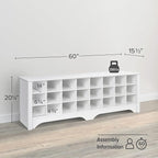 Prepac White Hall Bench with Storage and Seating: 24-Shoe Cubby Bench, Ideal White Shoe Rack for Entryway, Sized 15.5" D x 60" W x 20.25" H