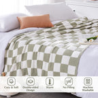 WRENSONGE Checkered Throw Blanket, Sage Green Soft Cozy Fluffy Warm Hand Made Throw Blankets for Couch, Sofa, Chair, Bed, Camping, Picnic, Travel Lightweight Bed Blanket - 90"*108"