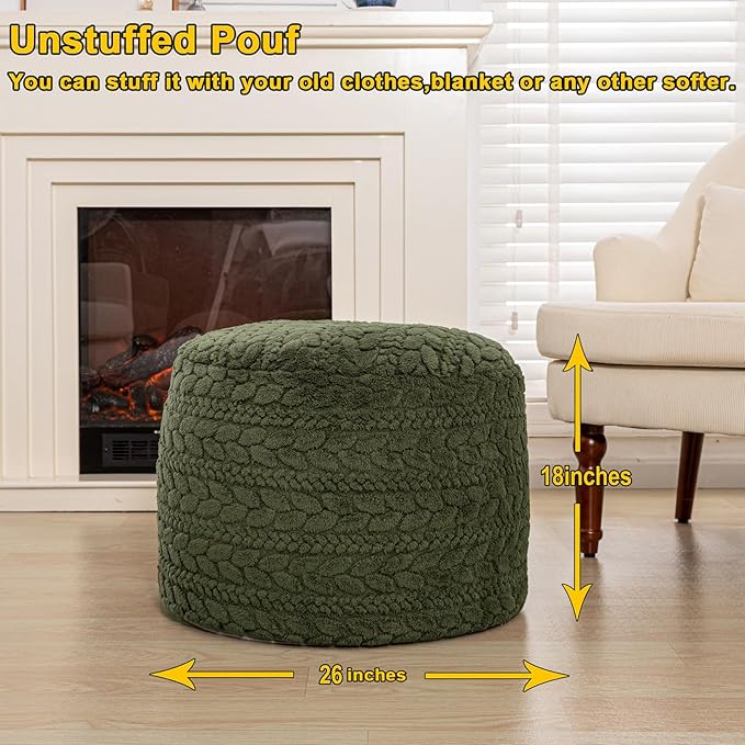 Unstuffed Ottoman Pouf Cover – Round Faux Fur Footstool Plush Floor Pouf (No Filler Included) Perfect for Living Room, Bedroom, or Office Lounge (Green, 26x26x18 in)