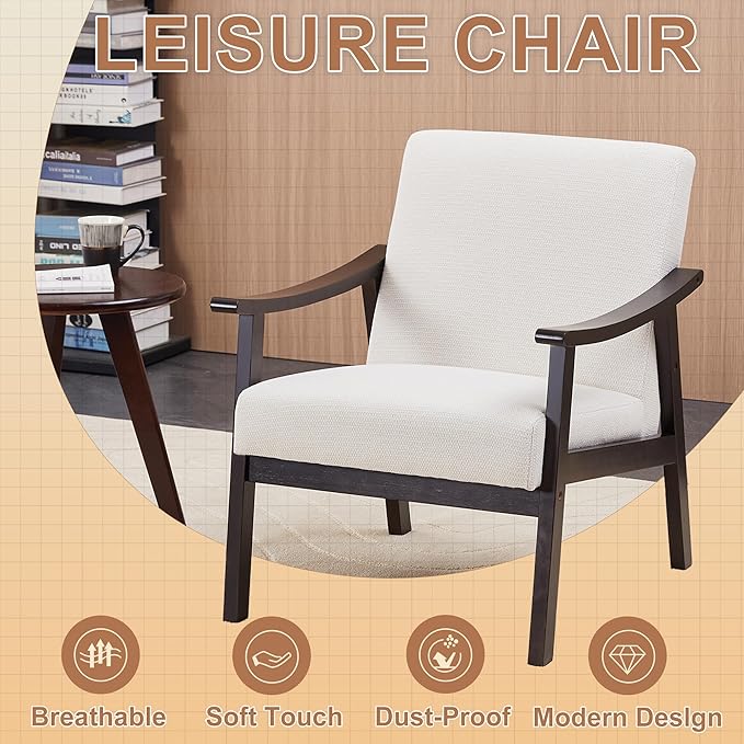 KEIKI Mid-Century Modern Accent Chair with Solid Wood Frame, Tech Fabric Armchair with Supportive Cushioned Back