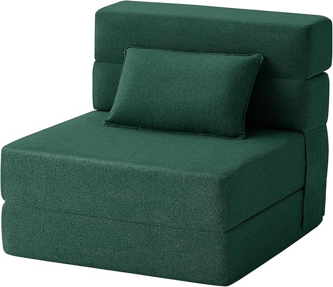 FILUXE Convertible Folding Sofa Bed-Sleeper Chair with Pillow, Modern Linen Fabric Floor & Futon Couch, Foldable Mattress for Living Room/Dorm/Guest Use/Home Office/Apartment, Single Size,Dark Green