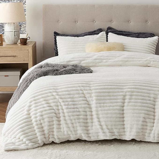 Bedsure Fluffy Duvet Cover Set - Ultra Soft Plush Shaggy Comforter Cover Twin Size, Warm Flannel Fleece Bed Sets for Winter, 2 Pieces (Striped Pattern, Coconut White)