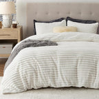Bedsure Fluffy Duvet Cover Set - Ultra Soft Plush Shaggy Comforter Cover King Size, Warm Flannel Fleece Bed Sets for Winter, 3 Pieces (Striped Pattern, Coconut White)