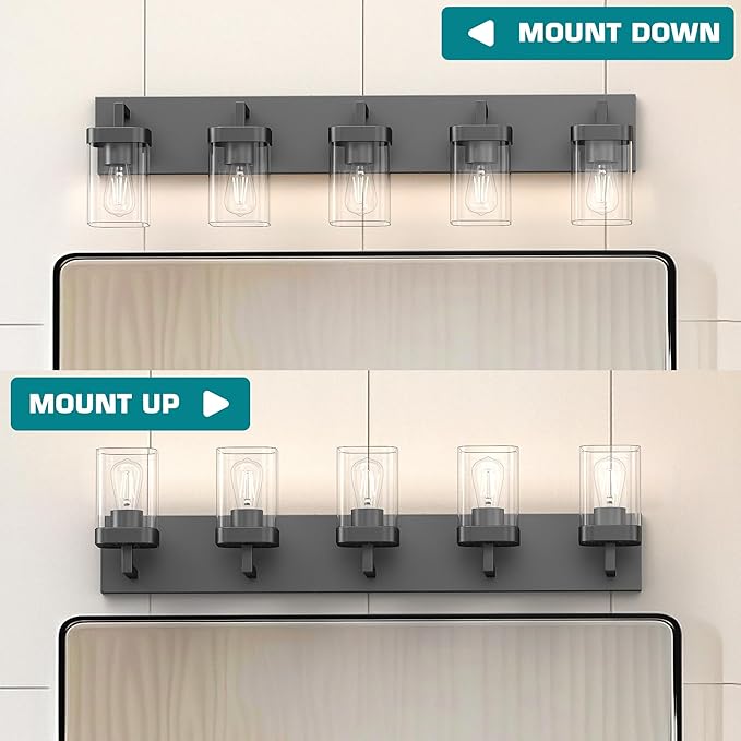 Bathroom Vanity Light, Square Design 5 Lights Morden Bathroom Lighting Fixtures Over Mirror, Black Vanity Light for Living Room/Bedroom