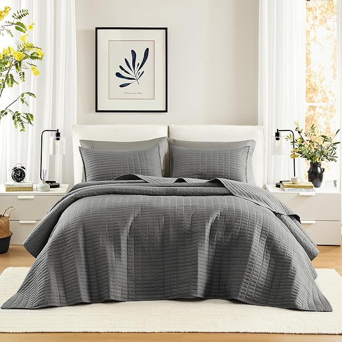 Comfort Spaces Charcoal Oversized Queen Quilt Set 102"x118" Bedspread Quilted Summer Lightweight Microfiber Bedding Coverlet with Double Sided Stitching Soft All Season 3 Piece with Matching Shams