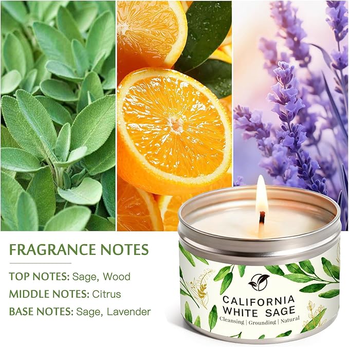 6 Pack Sage Candles Gift Set - Natural Soy Wax Candle Smokeless Clean Burn, Calming Aromatherapy Candles for Home Relaxation, Home Office & Gifting
