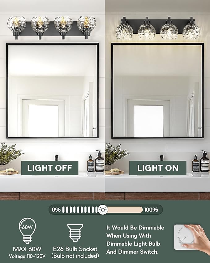 Bathroom Light Fixtures Over Mirror, 26" Matte Black Vanity Light with Clear Hammered Glass Globe Shade, 4-Light Modern Sconces Wall Lighting for Bedroom Hallway, VL200-MB-CL-4