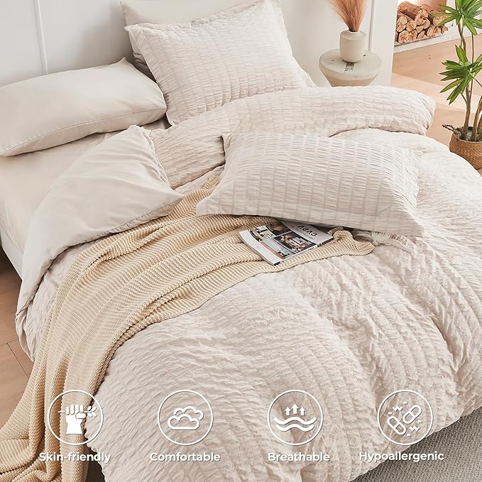 HYMOKEGE Beige King Size Comforter Set Seersucker 7 Pieces, All Season Luxury Bed in a Bag for Bedroom, Bedding Set with Comforters, Sheets, Pillowcases & Shams