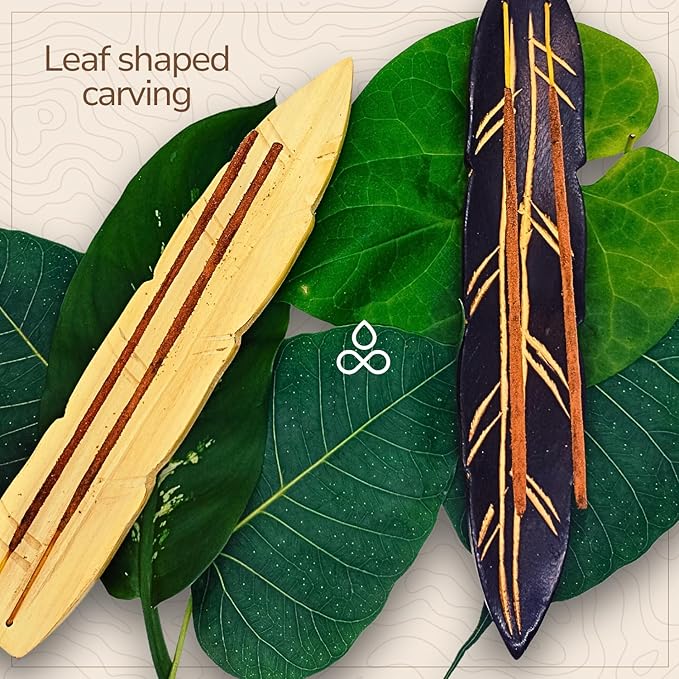 Handmade Wooden Incense Holder - Pack of 2 Incense Holder for Sticks | Double Coloured Leaf Shaped Insence Trays | Natural Mango Wood Insence Holder for Relaxation and Meditation (10 Inch)