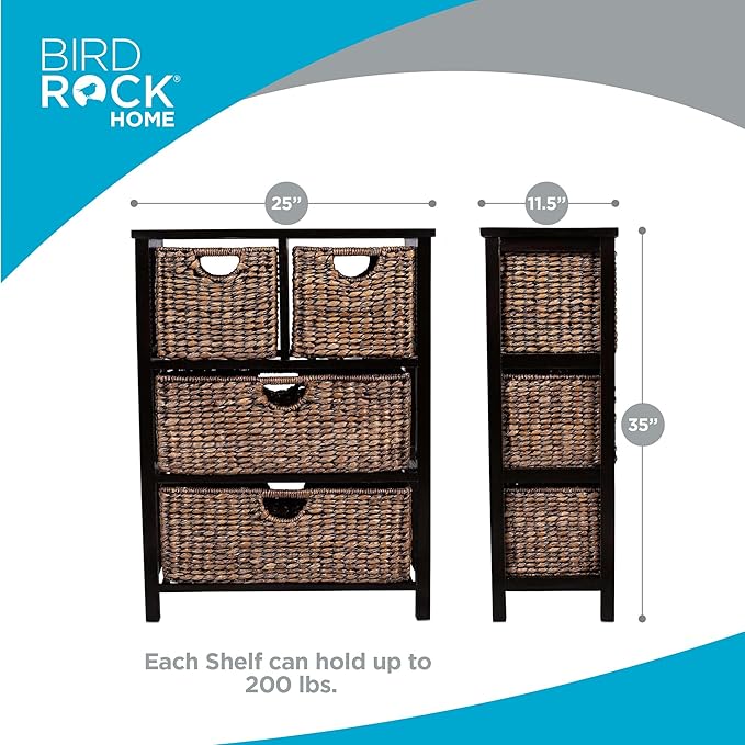 BIRDROCK Home Seagrass Cubby Dresser | 4 Drawer Bins | Decorative Wood Storage Cubbies Shelf Organizer | Industrial Furniture Chest Basket | Espresso