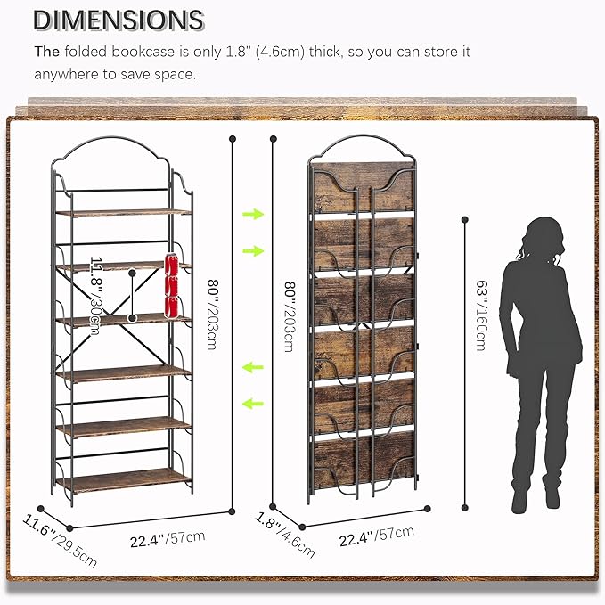 4NM No Assembly Folding Bookshelf for Living Room, 6 Tiers Collapsible Book Shelves Open Industrial Foldable Bookcase Storage Shelf for Home Office - Rustic Brown Black