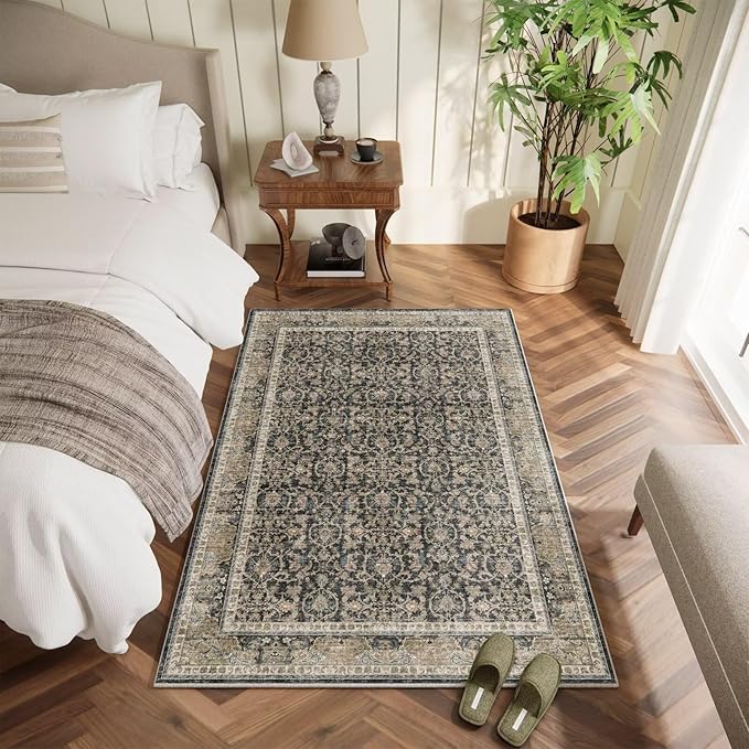Washable 2x3 Entryway Rug, Boho Non-Slip Door Mat Vintage Distress Small Rugs for Kitchen Nursery Office Bedroom, 0.3" Neutral Oriental Throw Carpet with Cushioning Pad, Cream/Blue/Orange/Multi