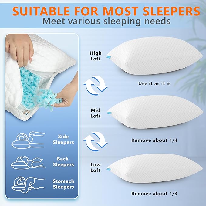 Cooling Pillows King Size Set of 2, Memory Foam Pillows with Zipper, Firm Bed Pillows Adjustable for Hot Side Back Stomach Sleepers