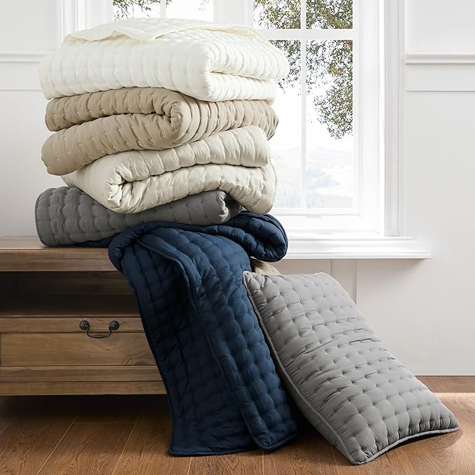 WDCOZY Blue Queen Size Quilt Bedding Sets with Pillow Shams, Lightweight Soft Bedspread Coverlet, Quilted Blanket Thin Comforter Bed Cover, All Season Summer Spring, 3 Pieces, 90x90 inches